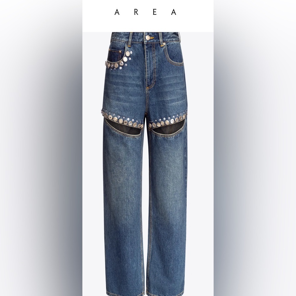 Area Crystal Button Studded Slit Straight-Leg Jeans